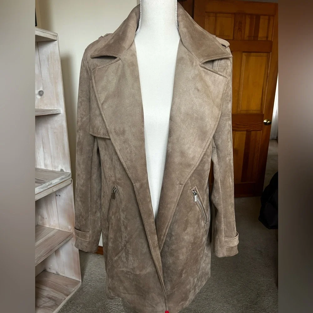 MAGASCHONI Tan Faux Suede Open Front Jacket Size Large - Picture 3 of 14